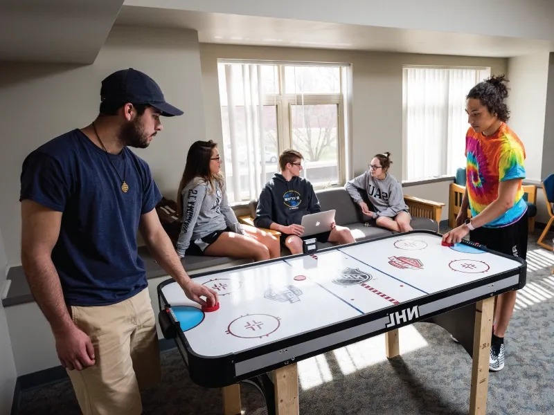 students talking with each other in a common space and playing a game.